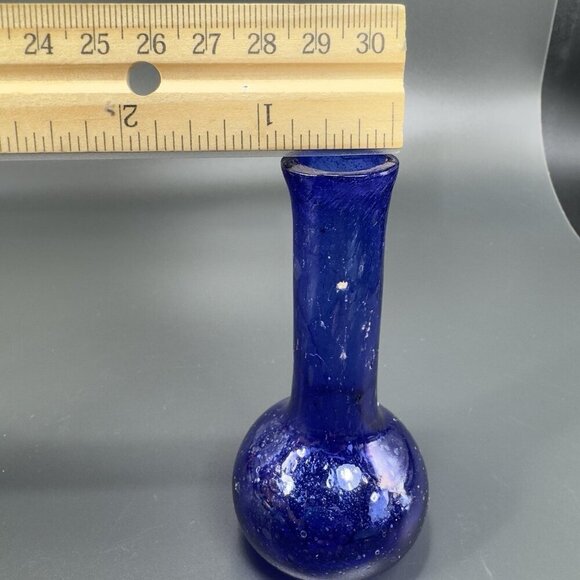Vintage Egyptian Glass Cobalt Blue Mini Bud Vase Hand Blown With Air Bubbles VTG - Picture 3 of 11